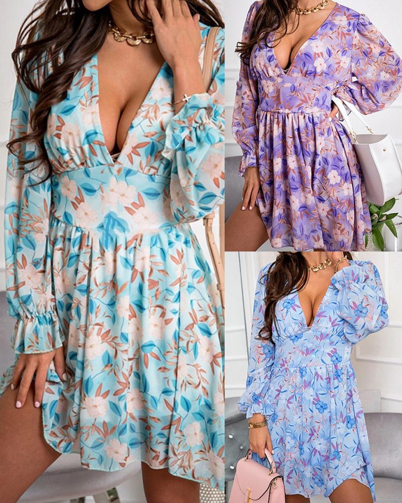

Floral Print Long Sleeve Loose Dress, Blue