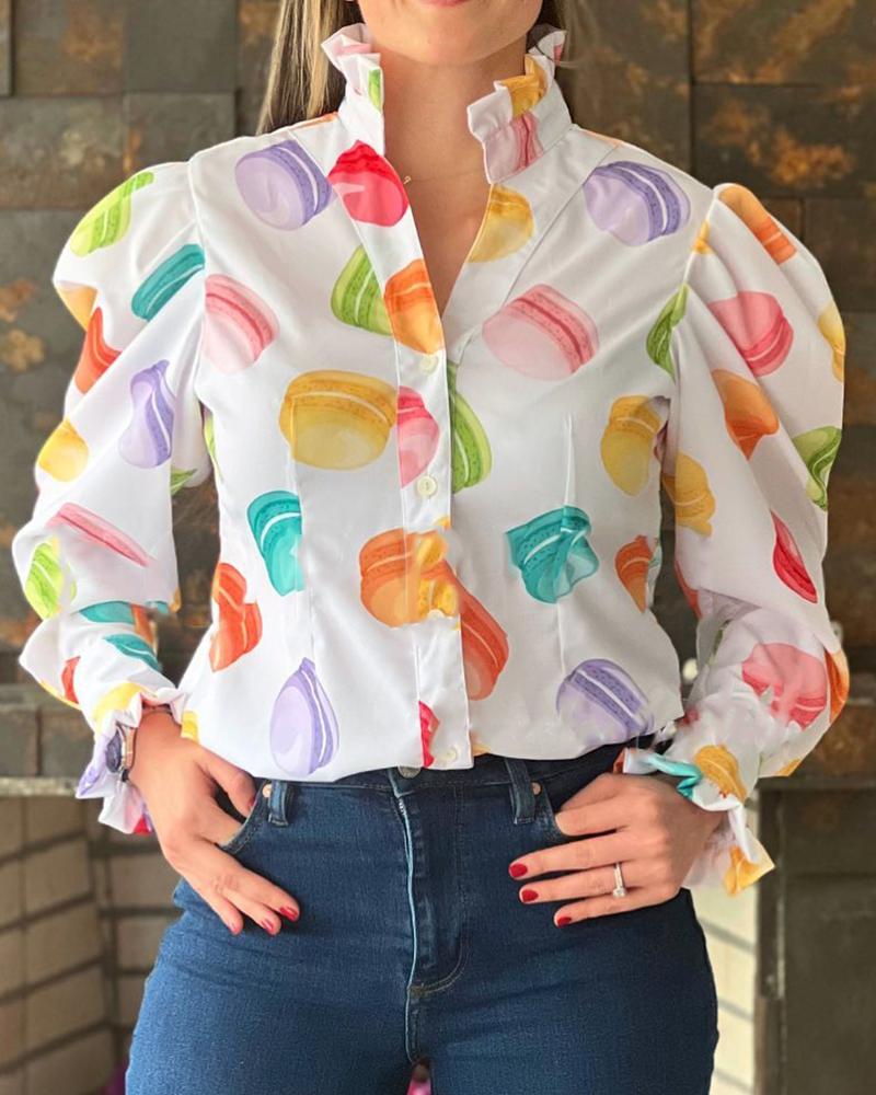 

Macaron Print Buttoned Lantern Sleeve Shirt, White