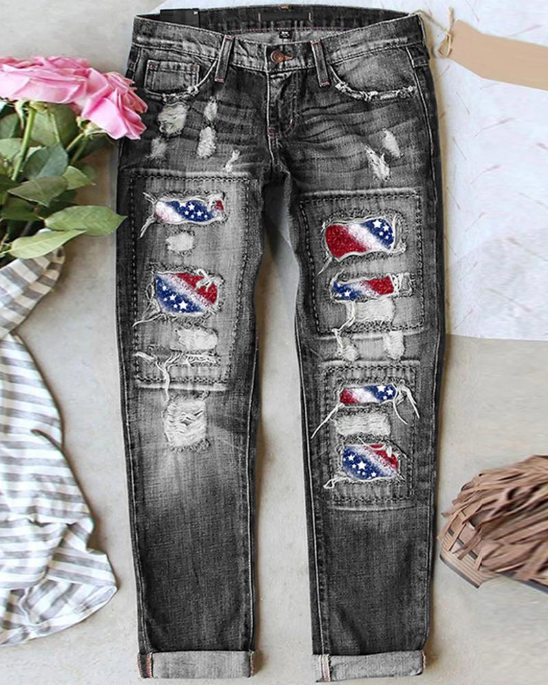 

Independence Day Flag Print Ripped Patchwork Jeans, Gray