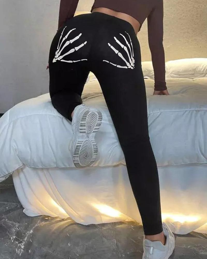 

Halloween Skull Skeleton Hands Ladder Cutout Leggings, Black