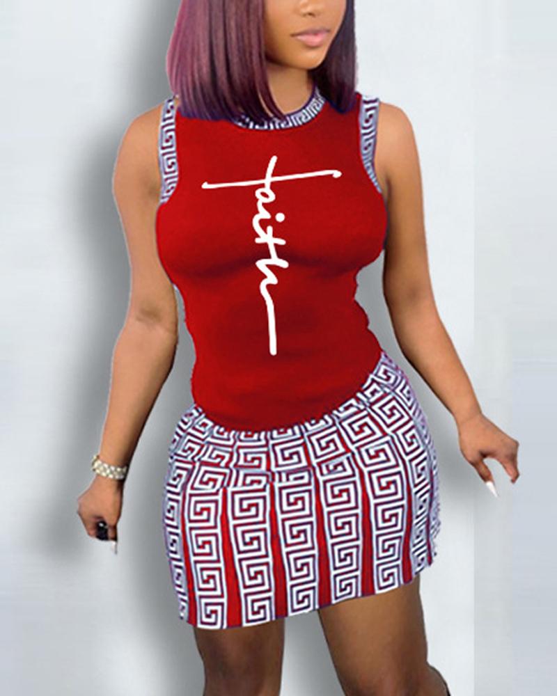 

Faith Geometric Print Casual Tank Top & Skirt Set, Red