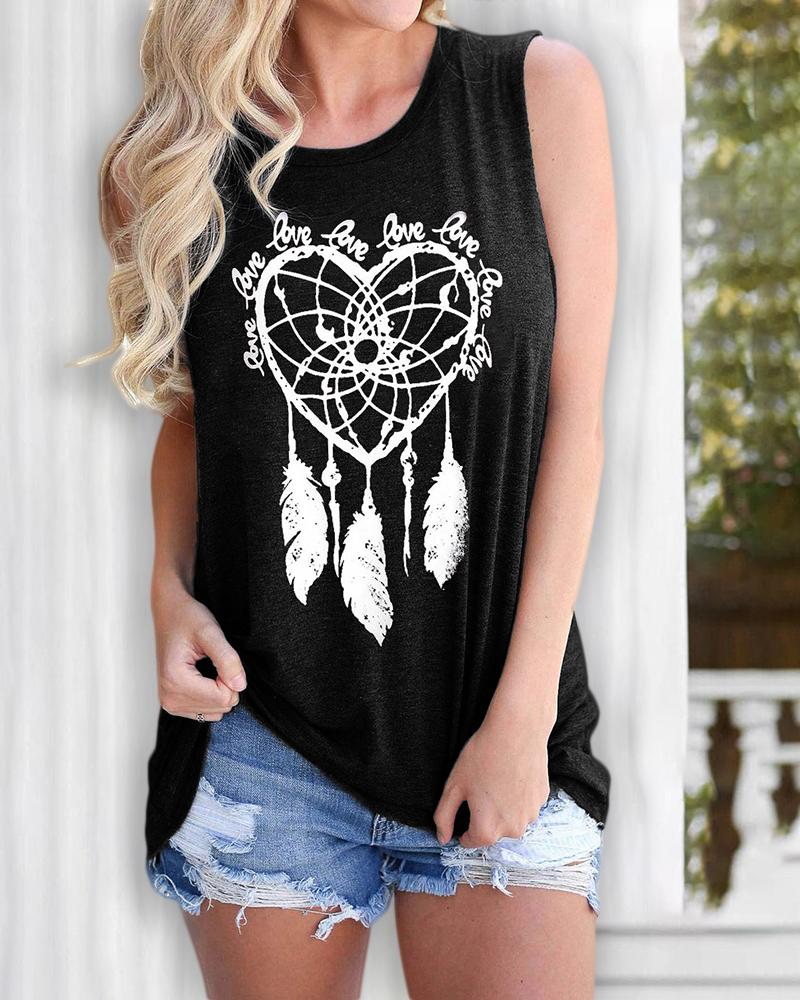 

Feather Print Casual Tank Top, Black