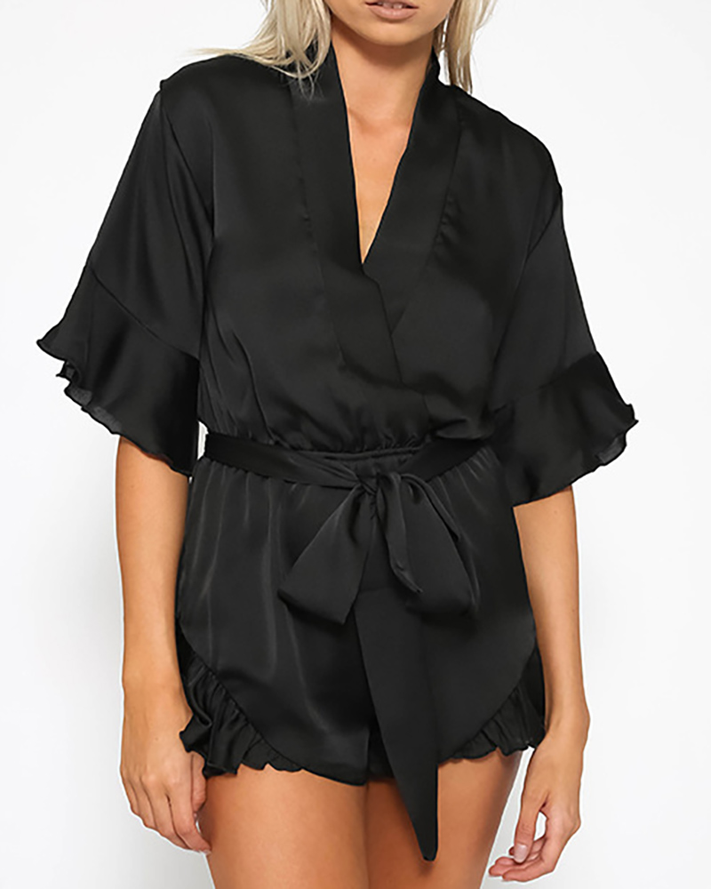 

Plain Wrap Design V Neck Short Sleeve Romper, Black