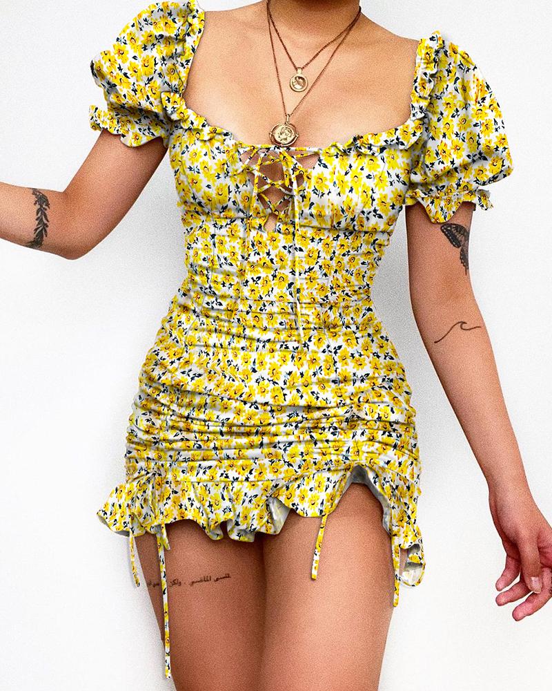 

Puff Sleeve Ruffles Lace-up Ditsy Floral Print Dress, Yellow