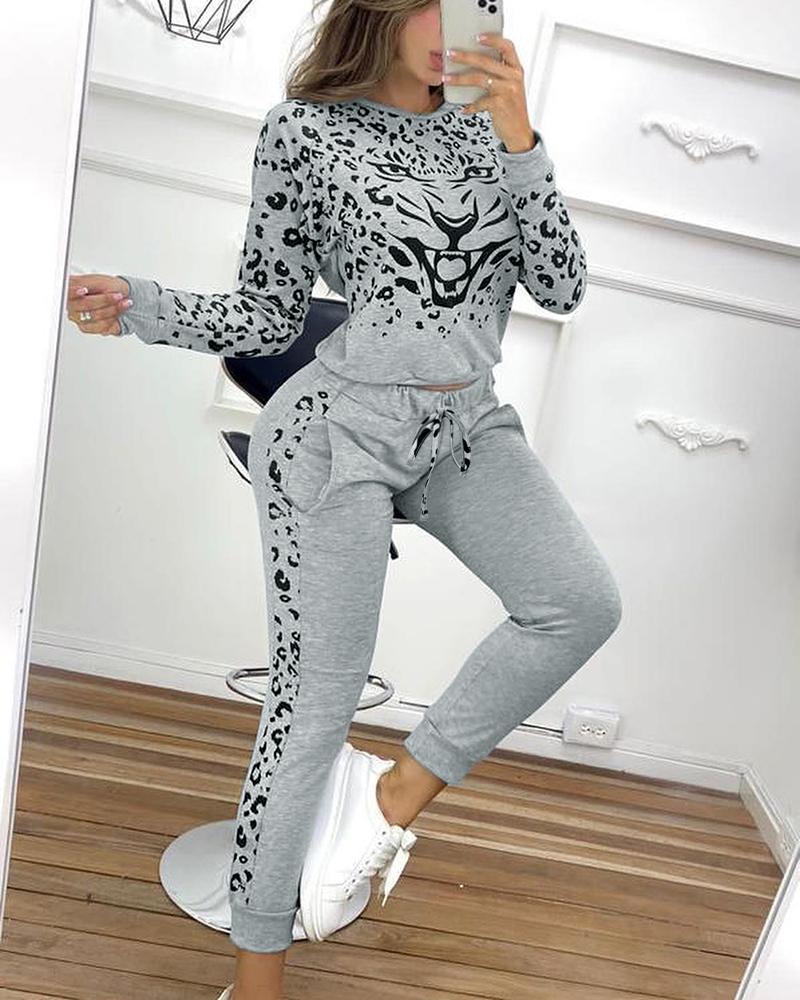 

Leopard Print Top & Drawstring Pants Set, Gray