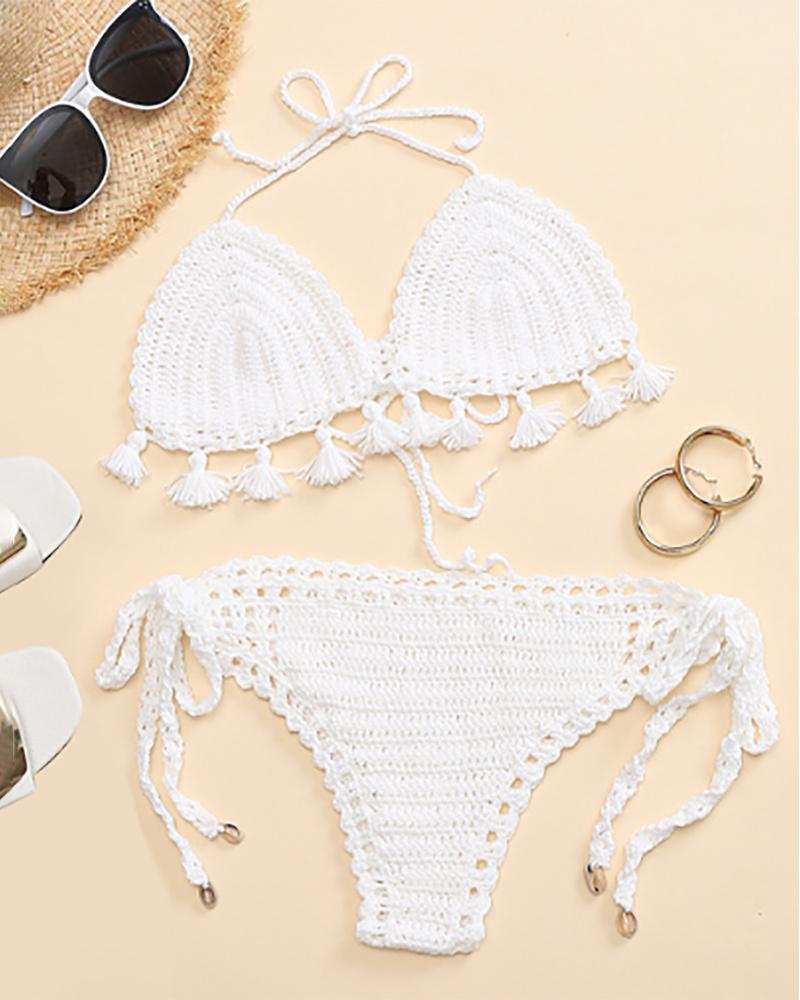 

Tassel Decor Tied Detail Halter Crochet Bikini Set, White