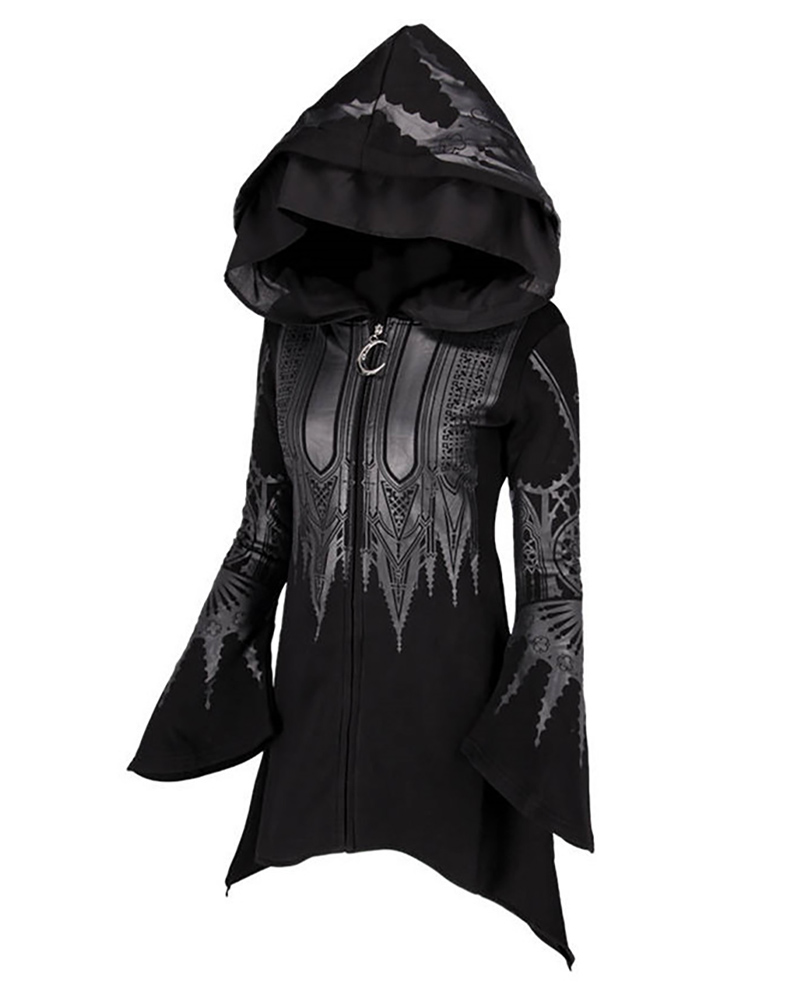 

Punk Graphic Print Zipper Design Asymmetrical Hoodie, Black