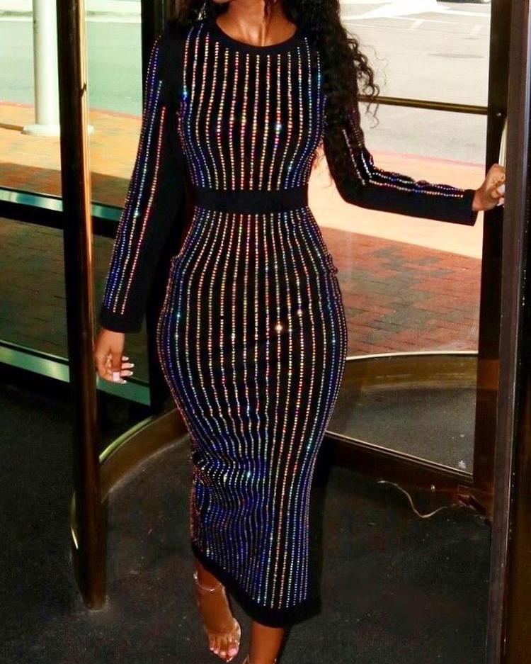 

Rhinestone Long Sleeve Party Dress, Black