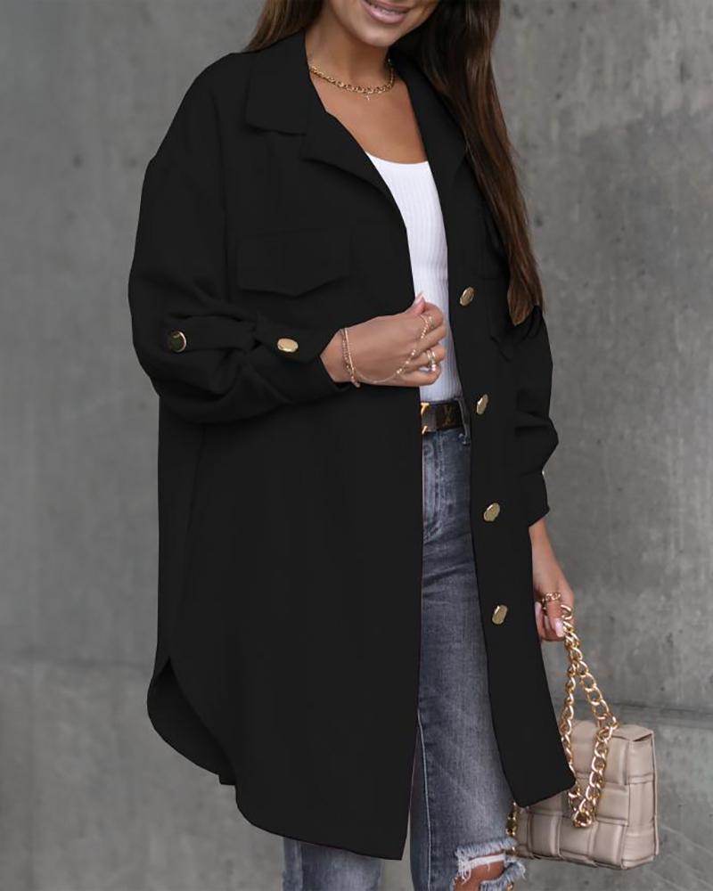 

Button Pocket Design Long Sleeve Shacket, Black