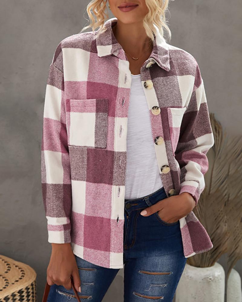 

Button Pocket Design Plaid Print Long Sleeve Shacket, Pink