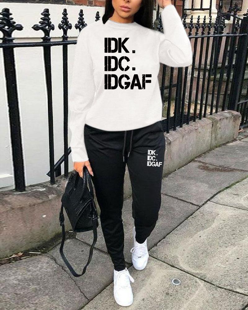 

Plus Size Letter Print Long Sleeve Casual Top & Pants Set, Blackwhite