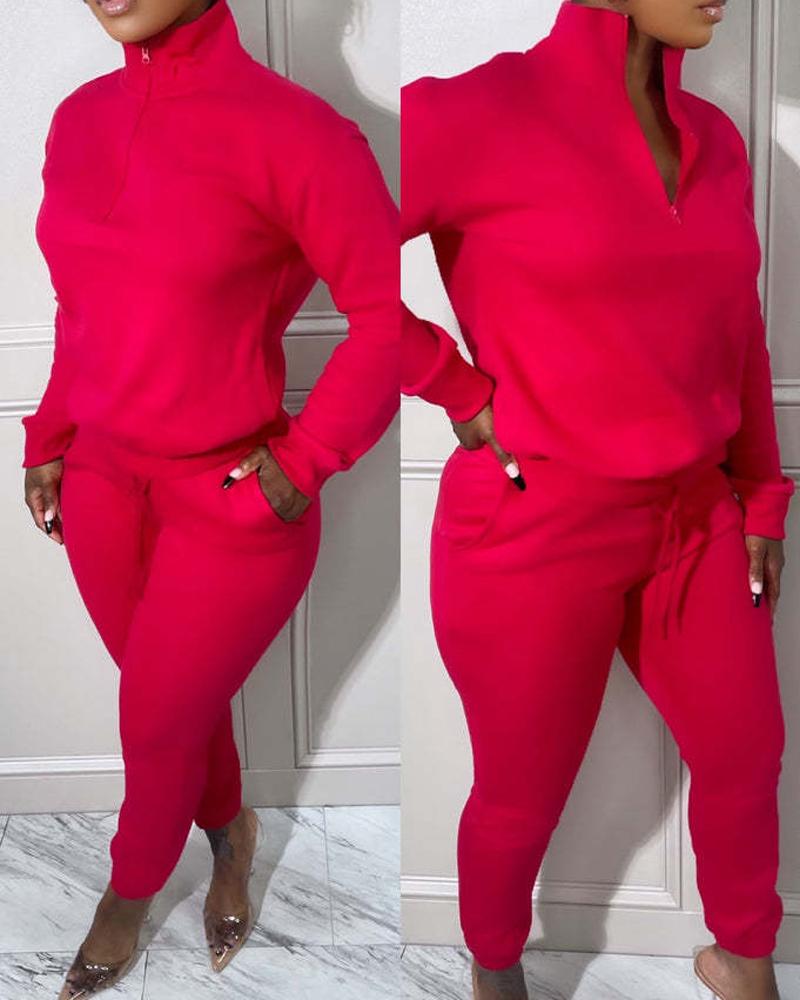 

Long Sleeve Zip Detail Casual Top & Drawstring Pants Set, Red
