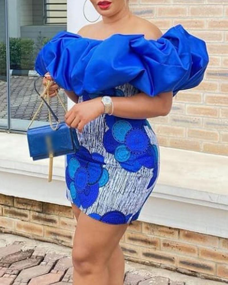 

Graphic Print Off Shoulder Bodycon Dress, Blue