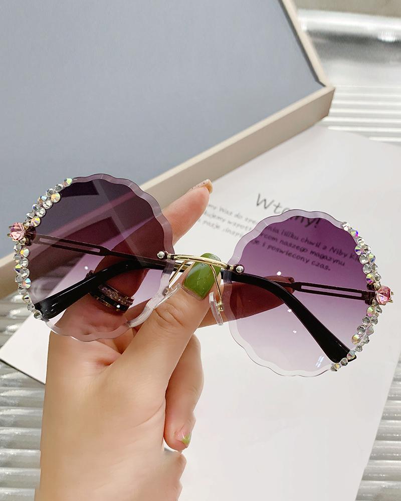 

1 paire de lunettes de soleil mode sans monture en strass avec lentille ombrée, Purple