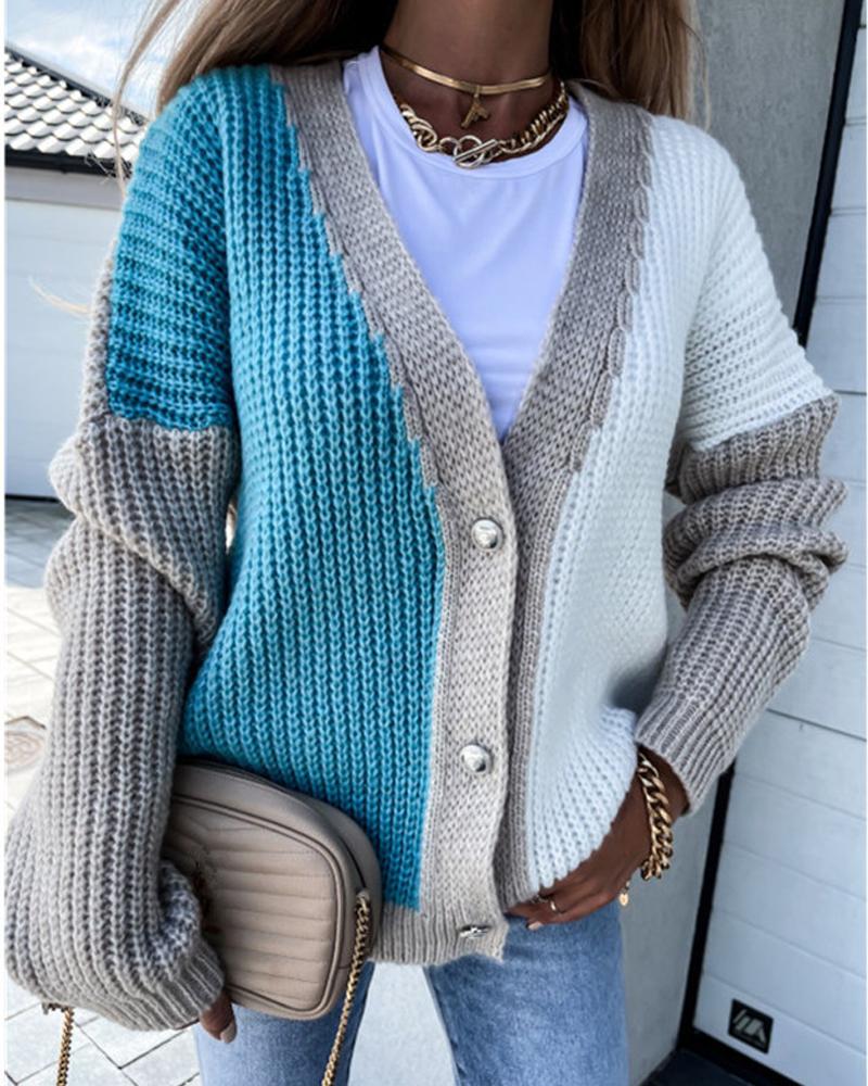 

Color Block Drop Shoulder Button Front Chunky Knit Cardigan, Blue