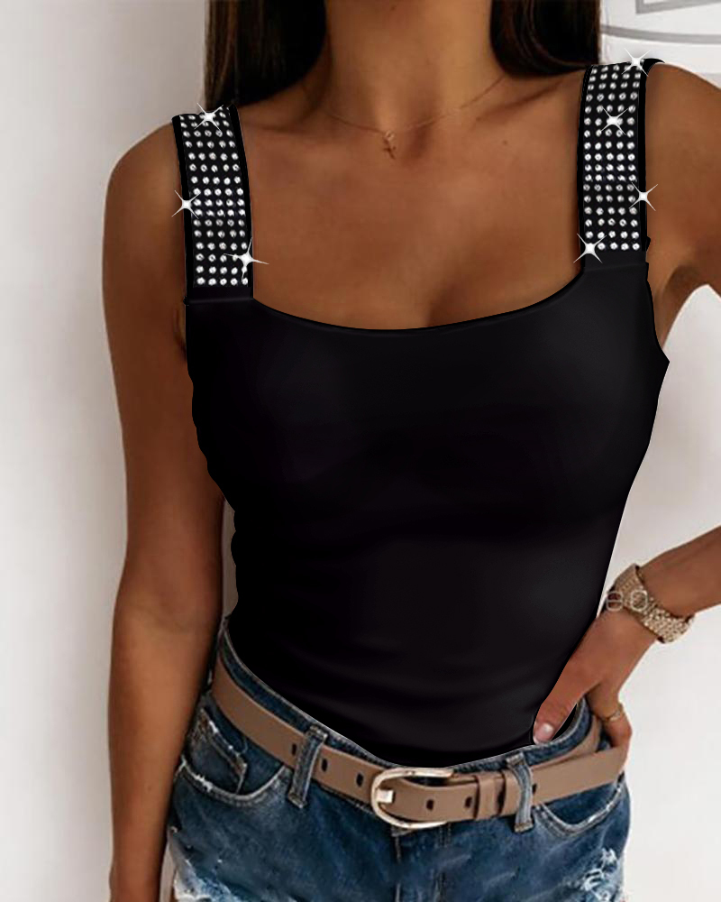 

Rhinestone Embellished Thick Strap Tank Top, Black