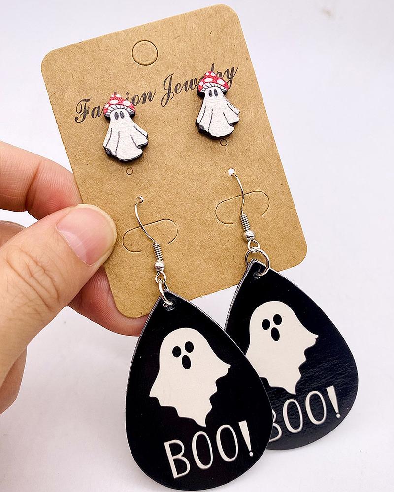 

2Pair Halloween Ghost Mushroom Studs & Waterdrop Hook Earrings Set, Black