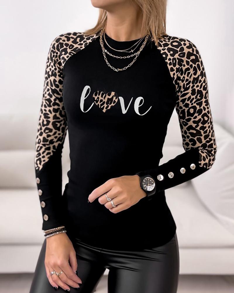 

Letter Cheetah Print Buttoned Long Sleeve Top, Black