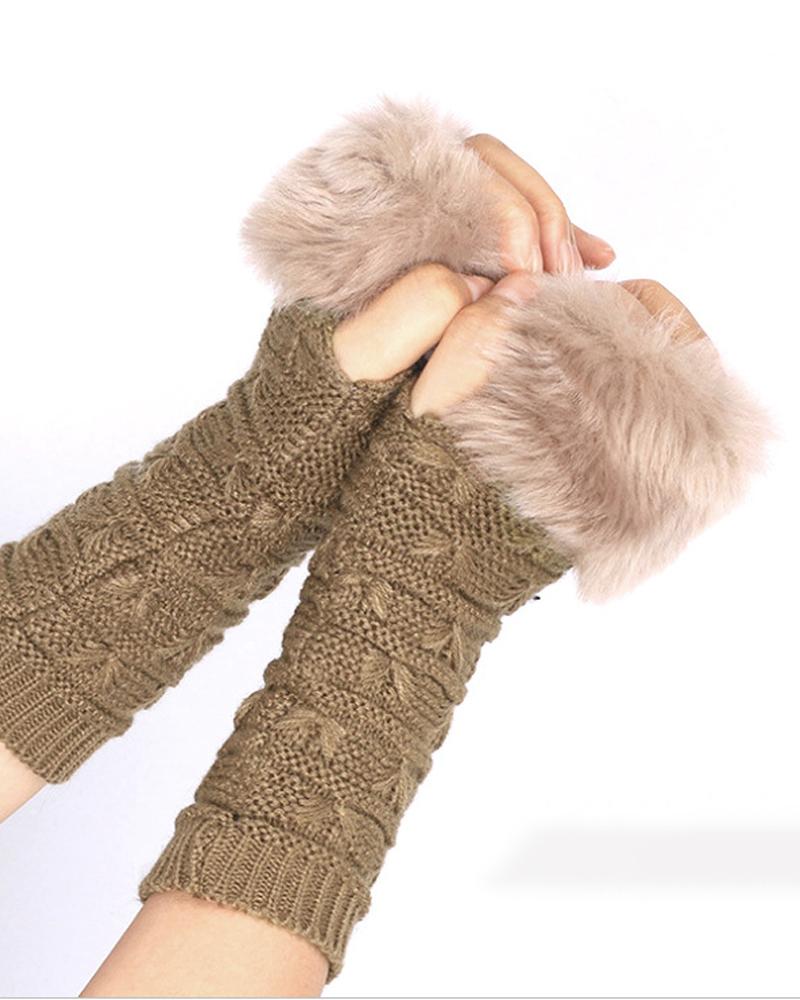 

1Pair Fuzzy Trim Bowknot Textured Knit Fingerless Gloves, Khaki