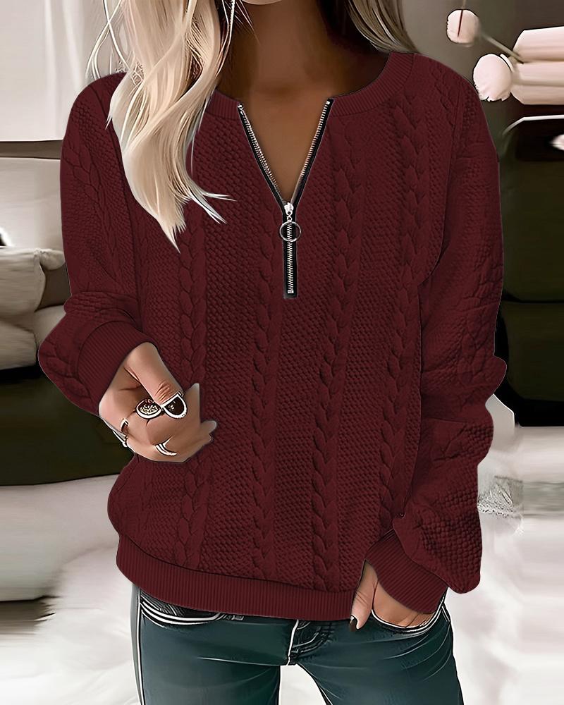 

Zipper Design Cable Textured Top, Wine red