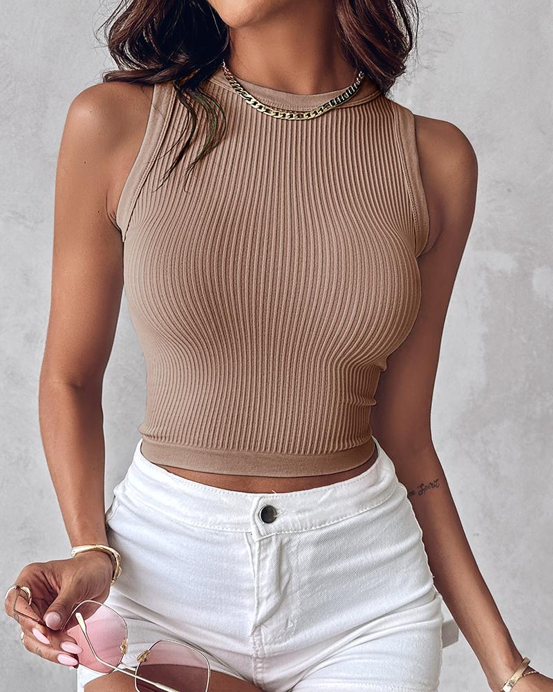 

1-Pack Crew Neck Seamless Rib-Knit Crop Tank Top, Khaki