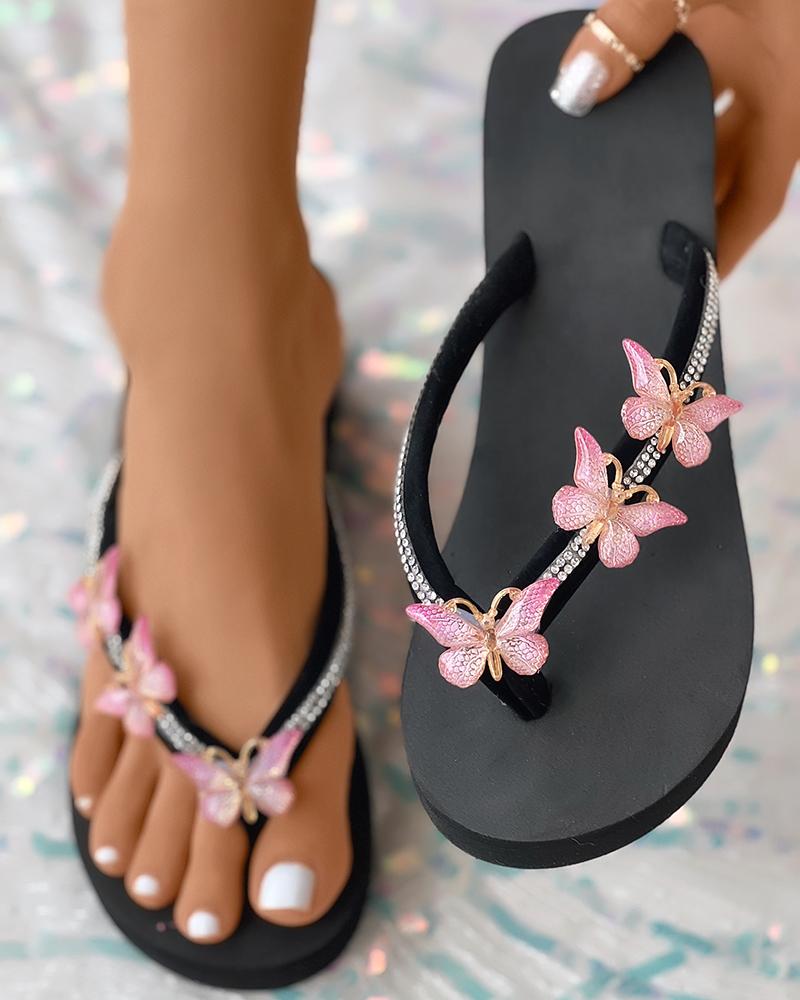 

Butterfly Pattern Toe Post Flip Flops, Pink