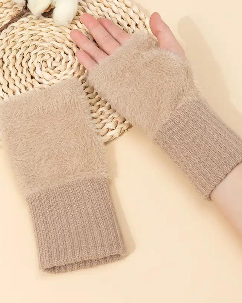 

1Pair Solid Color Fingerless Hand Warmer Fuzzy Winter Warm Gloves, Khaki