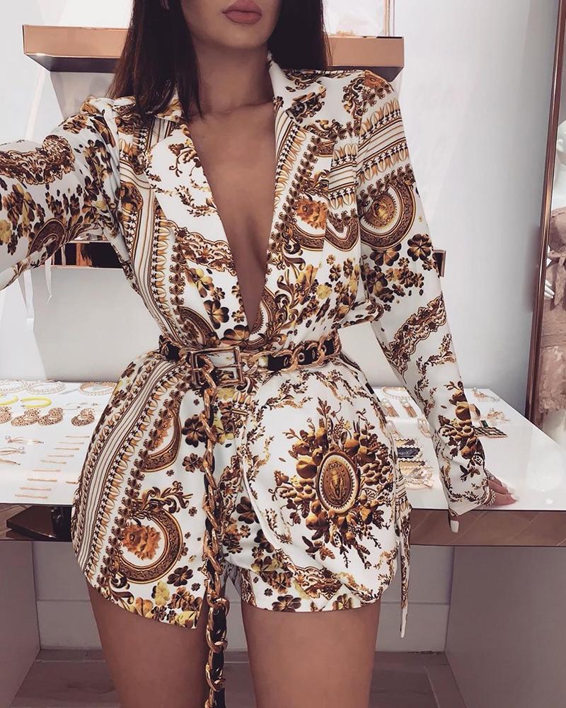 

Plunge Colorful Print Long Sleeve Top & Shorts Sets, Dark yellow