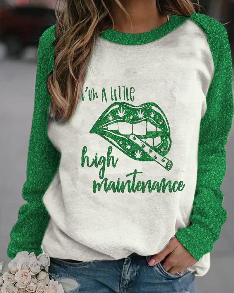 

Lip Letter Print Colorblock Long Sleeve Top, Green