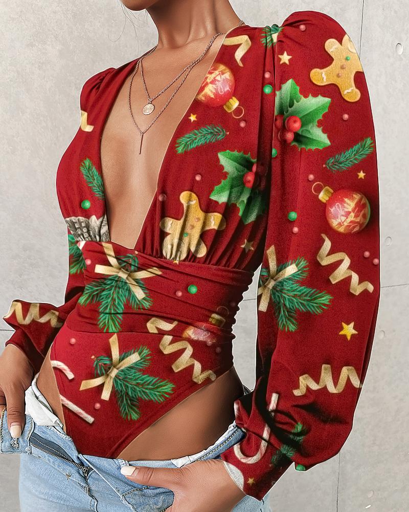 

Plunge Lantern Sleeve Christmas Print Ruched Bodysuit, Red