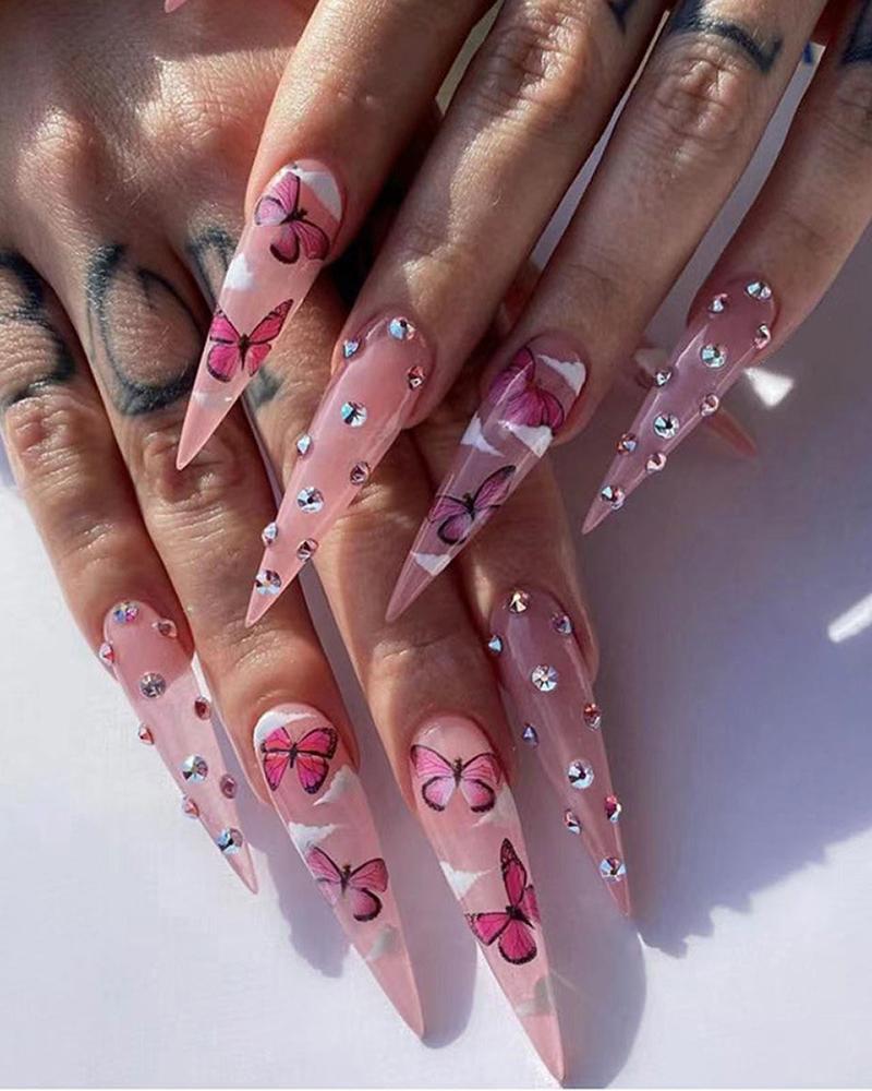 

24pcs Extra Long Stiletto Press on Butterfly Clouds Rhinestone False Nails Set, Style1