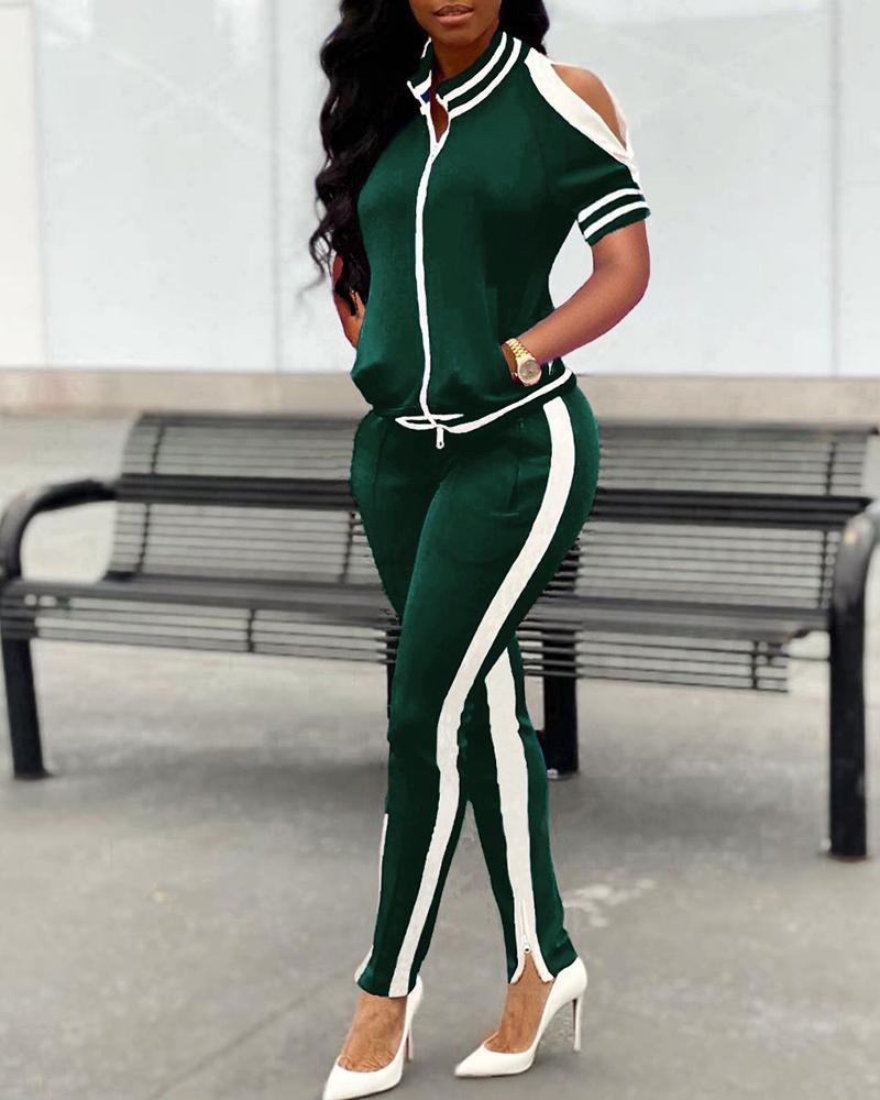 

Striped Colorblock Cold Shoulder Zip Top & Pants Set, Green