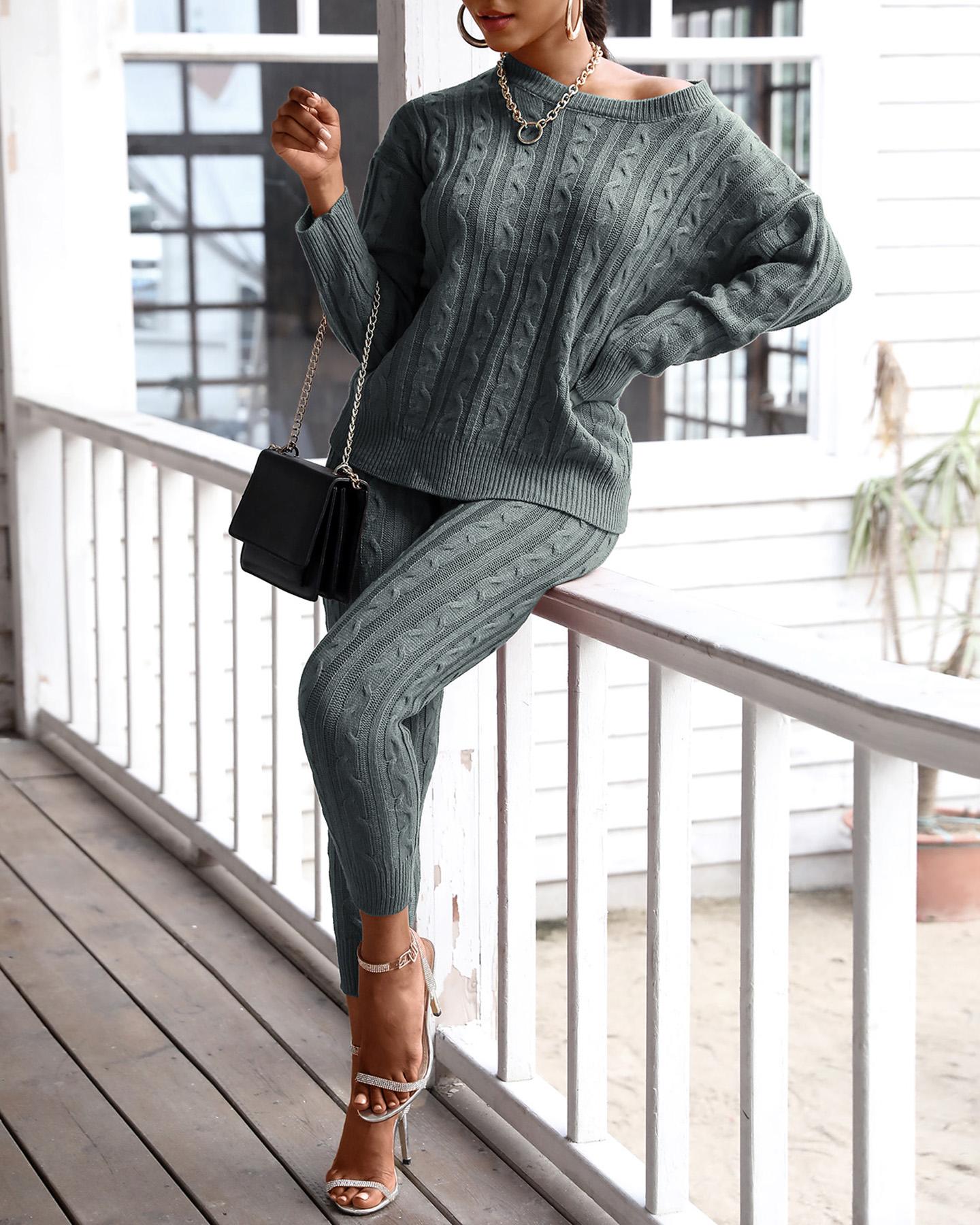 

Solid Ribbed Knitting Casual Sweater & Pants Sets, Gray