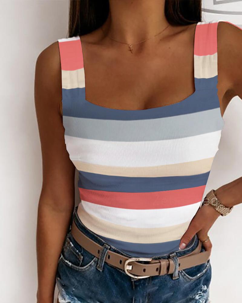 

Colorblock Striped Print Ribbed Tank Top, Multicolor