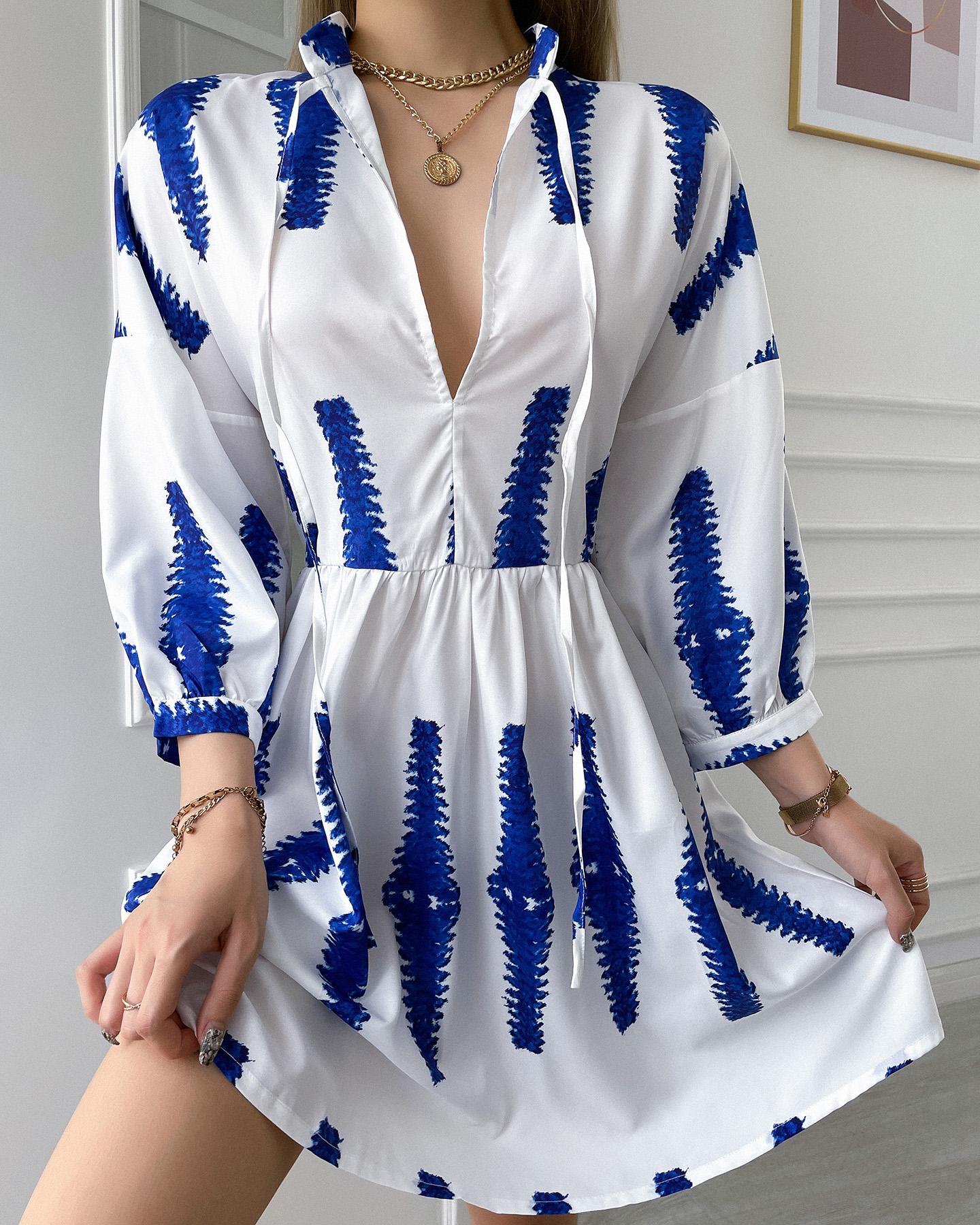

Allover Print Zipper Front Long Sleeve Dress, Blue