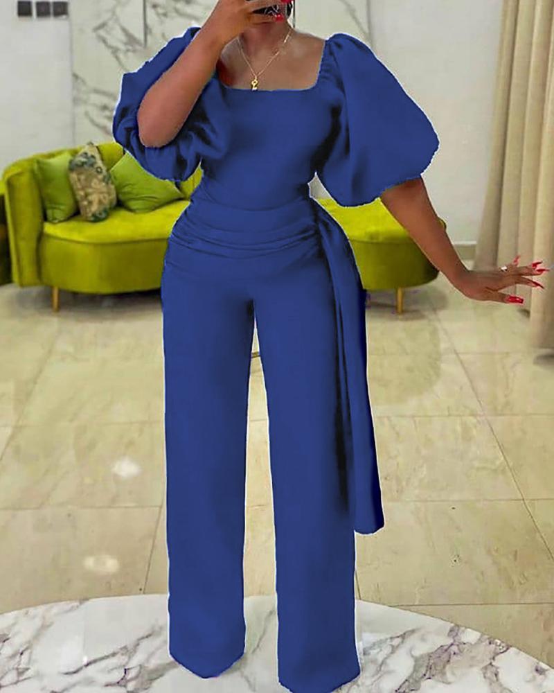 

Puff Sleeve Ruched Tie Decor Wide Leg Jumpsuit, Blue