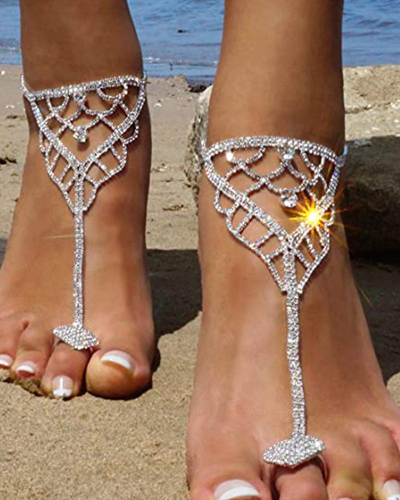 

1PCS Allover Rhinestone Cutout Mittens Anklet, Silver