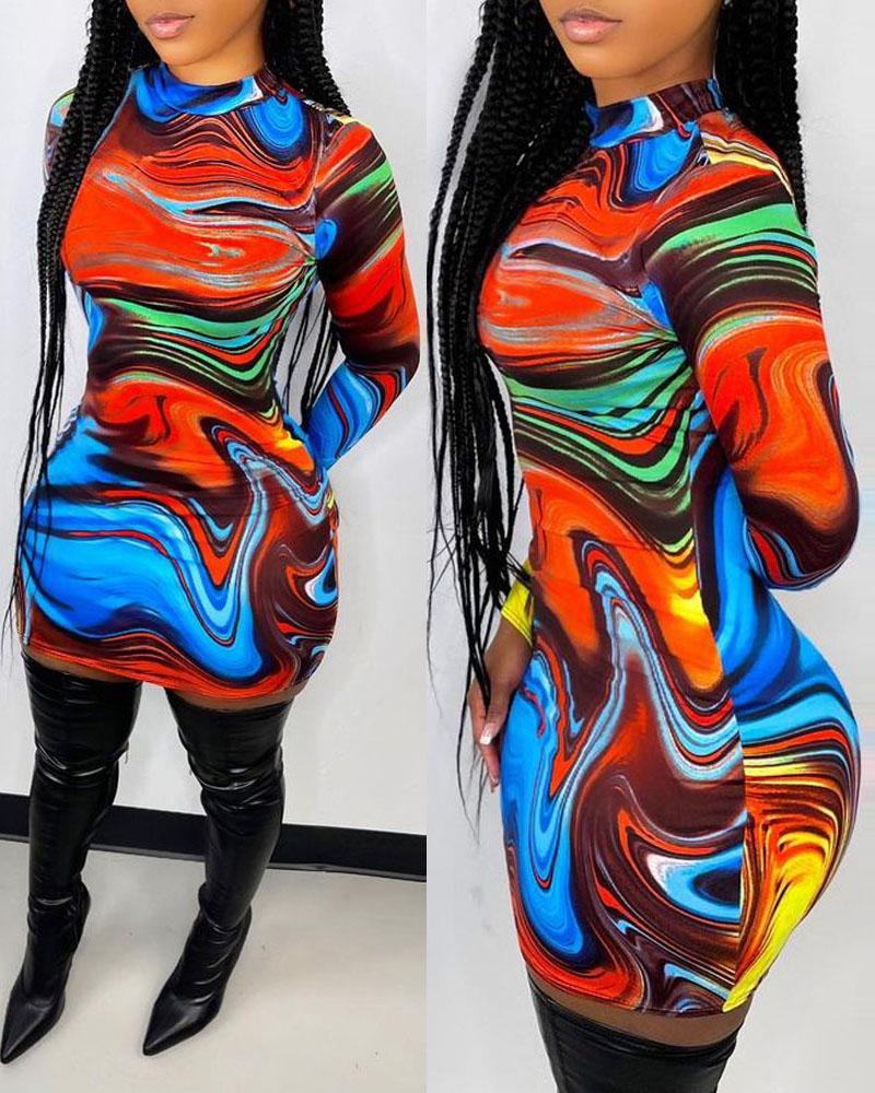 

Abstract Marble Print Long Sleeve Bodycon Dress, Multicolor