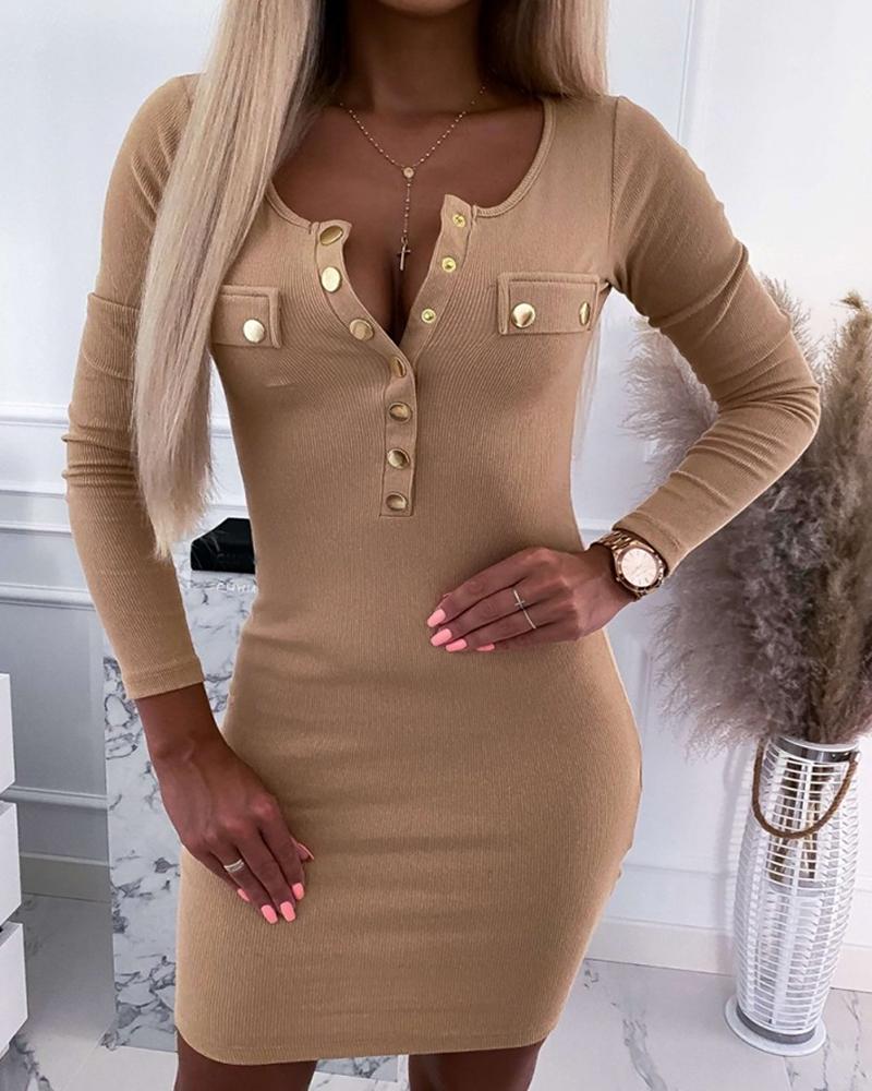 

Solid Button-down Long Sleeve Skinny Dress, Khaki