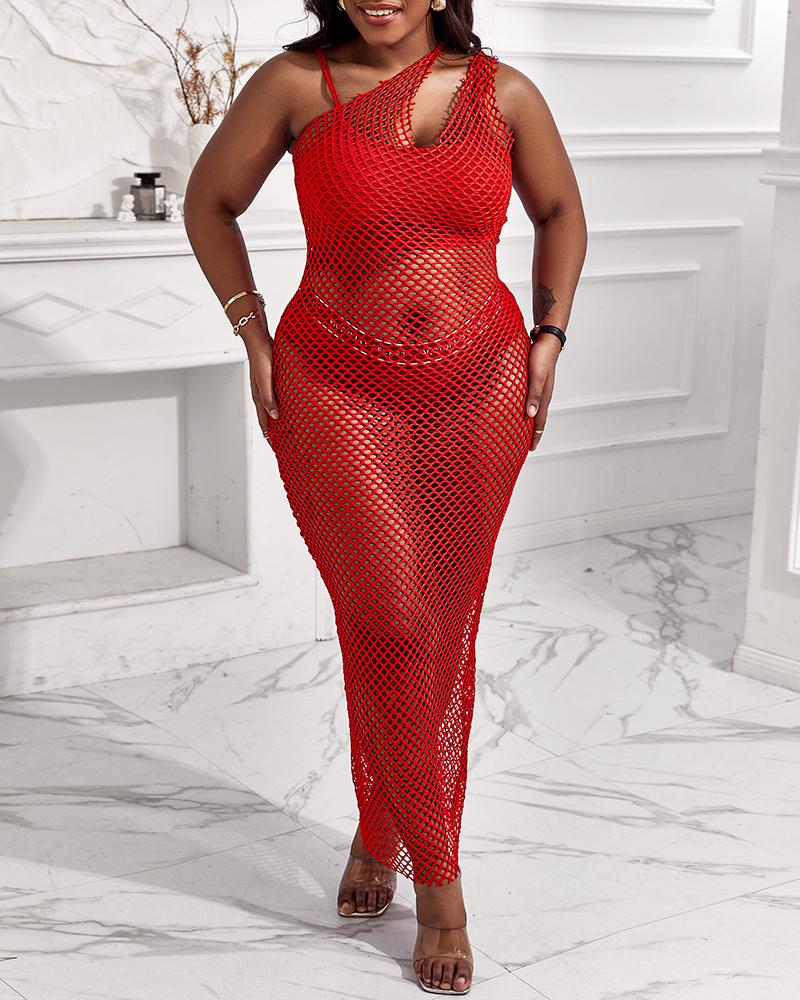 

Cutout One Shoulder Fishnet Cover Up Beach Dress, Red
