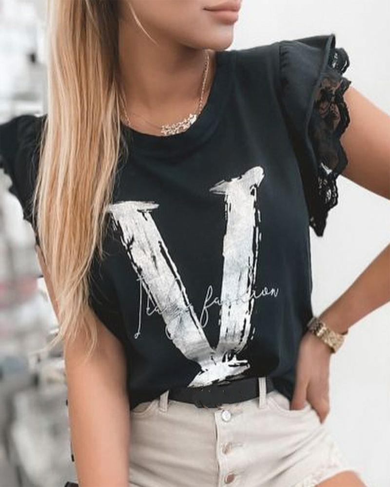 

Lace Hem Flying Sleeve T-shirt Top, Black