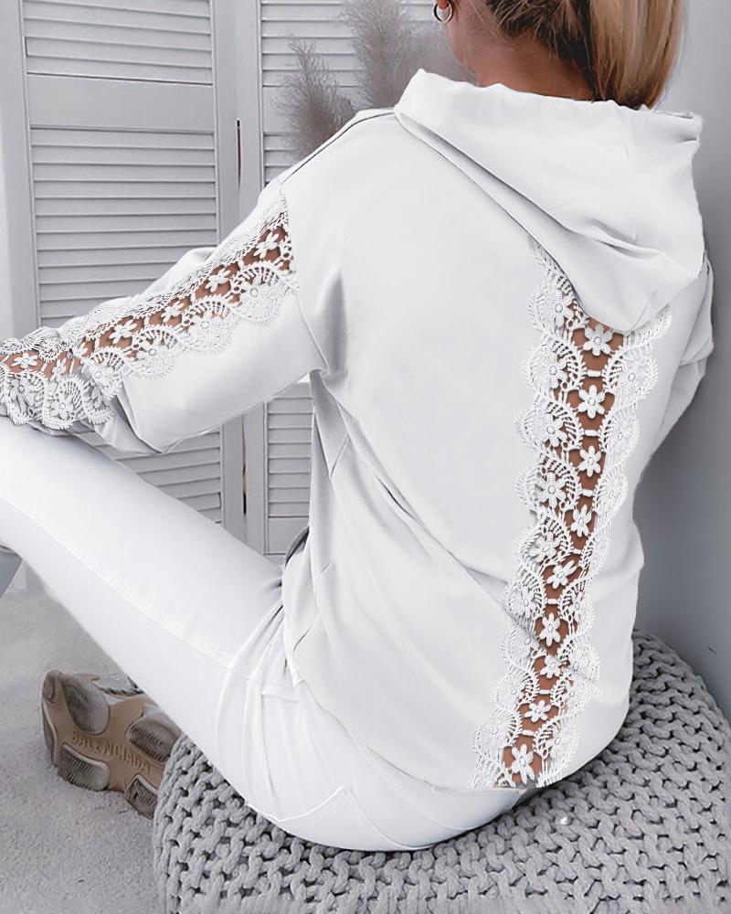 

Guipure Lace Patch Long Sleeve Drawstring Hoodie, White