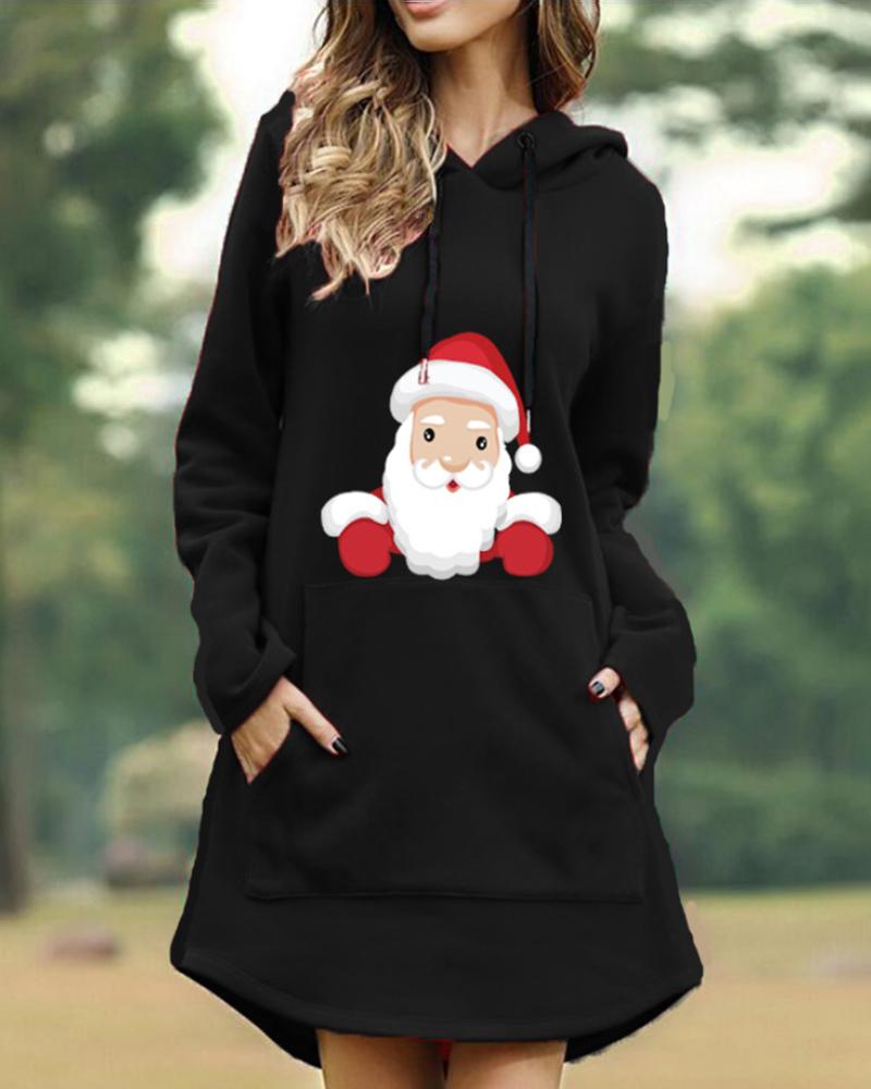 

Christmas Pocket Design Santa Print Sweatshirt Dress, Black