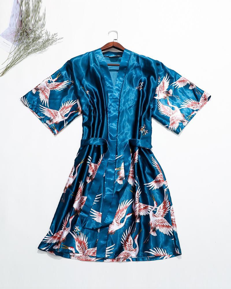 

Crane Print Belted Satin Robe, Green
