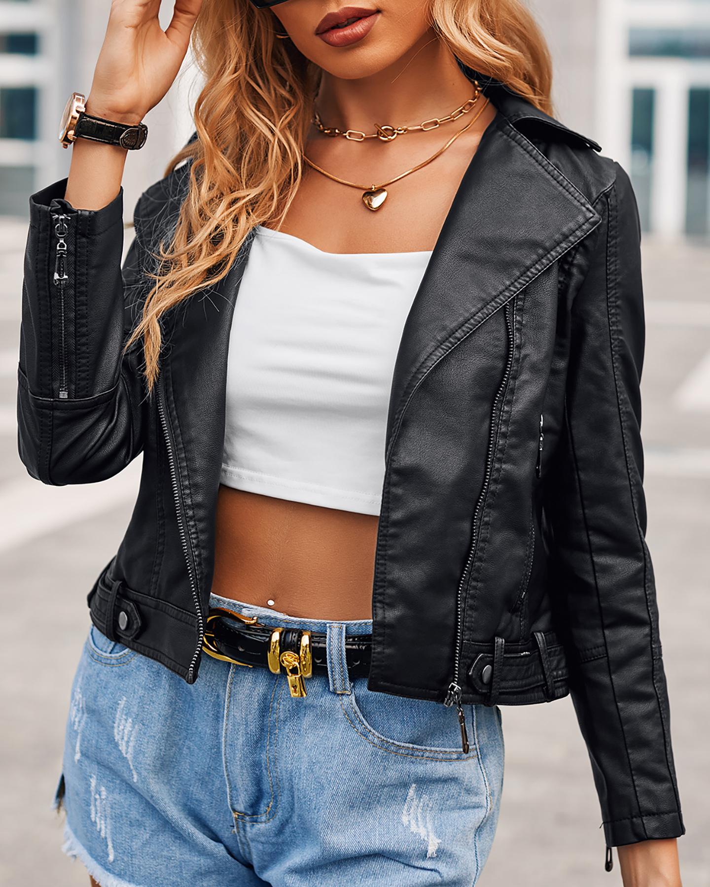 

Zipper Design PU Leather Long Sleeve Jacket, Black