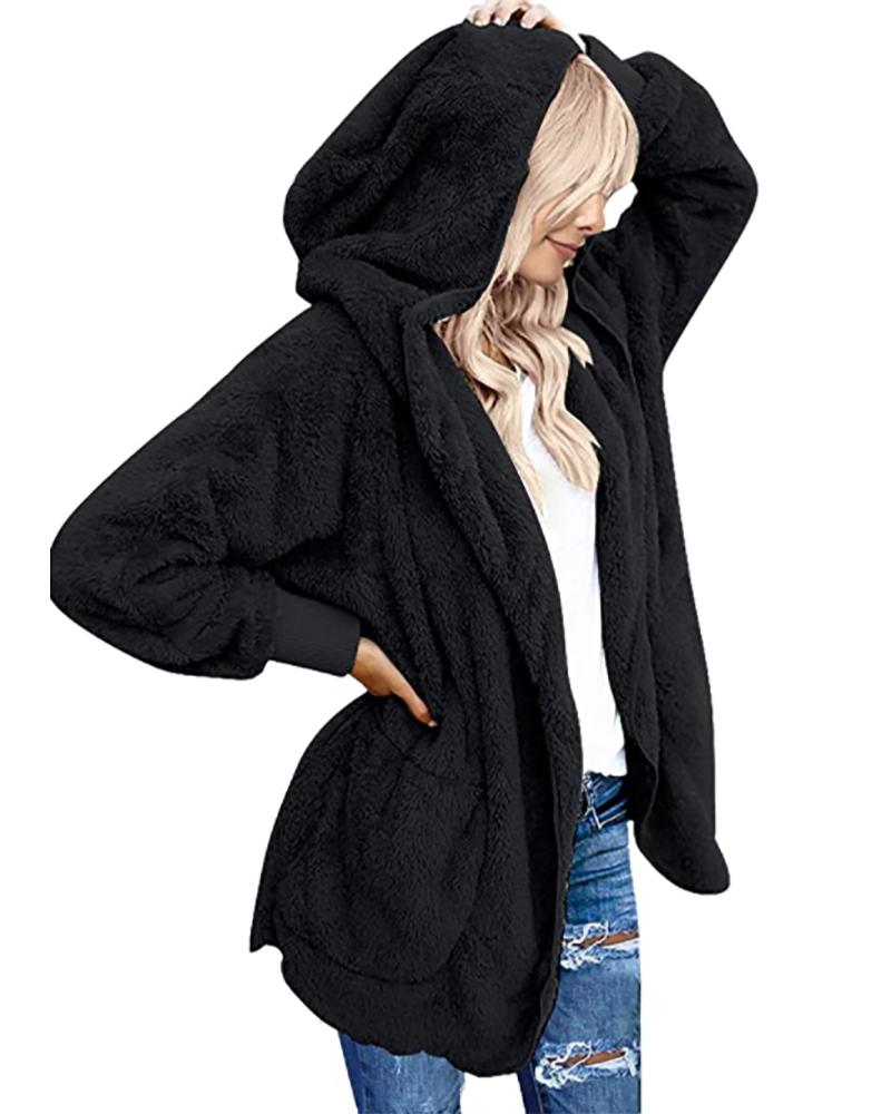 

Pocket Design Long Sleeve Hooded Faux Fur Coat, Black