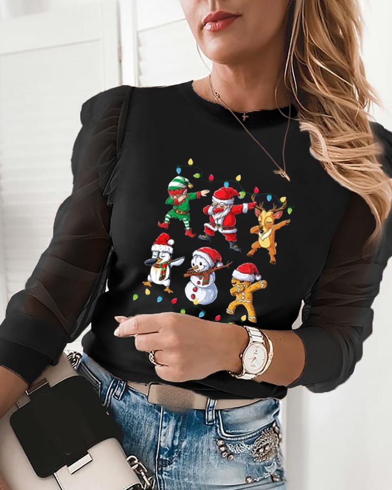 

Christmas Santa Claus Print Puffed Sleeve Sheer Mesh Top, Black