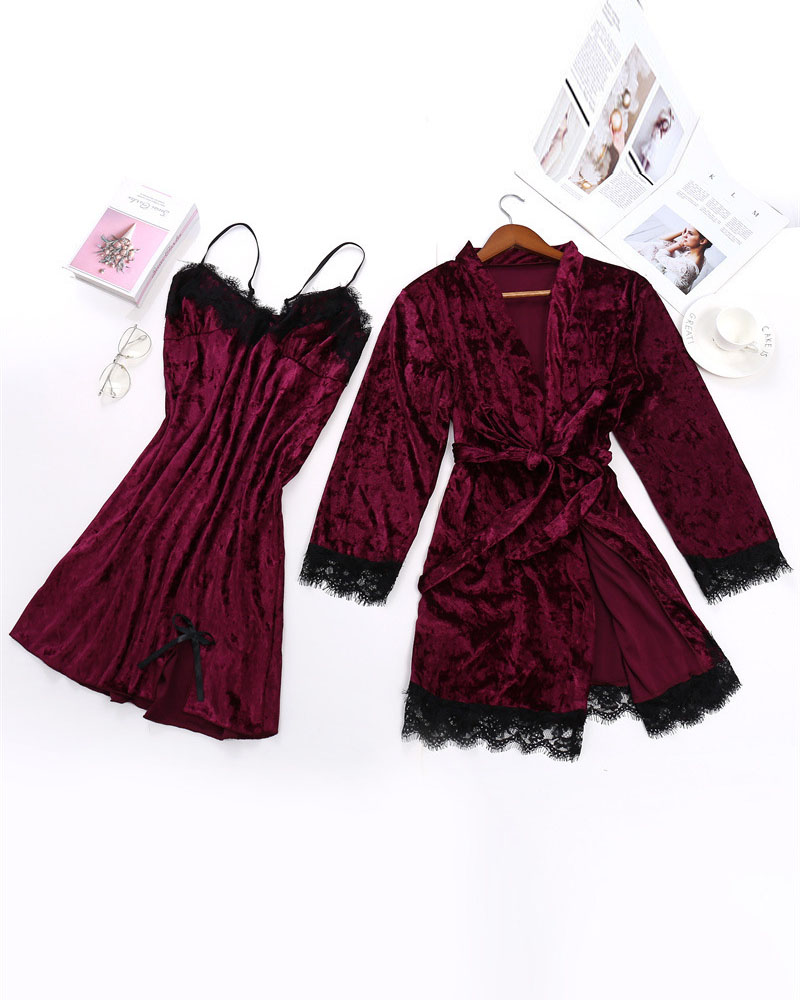 

Bowknot Decor Lace Trim Velvet Nightdress With Belted Robe, Wine red