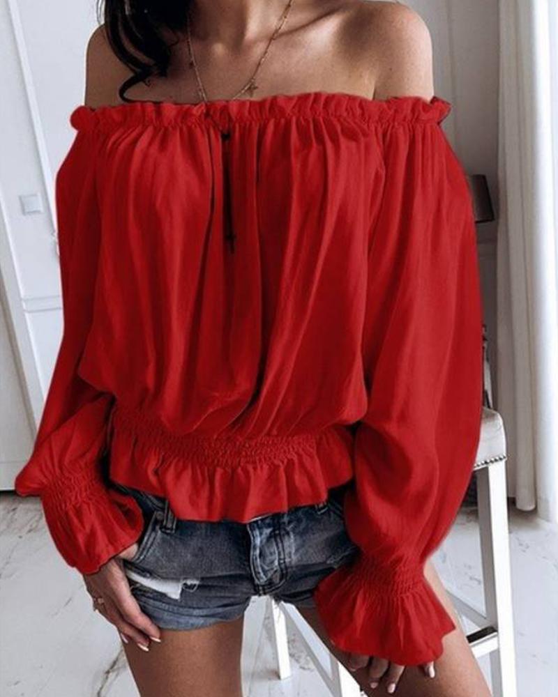 

Solid Frill Trim Off Shoulder Flounce Sleeve Shirred Blouse, Red