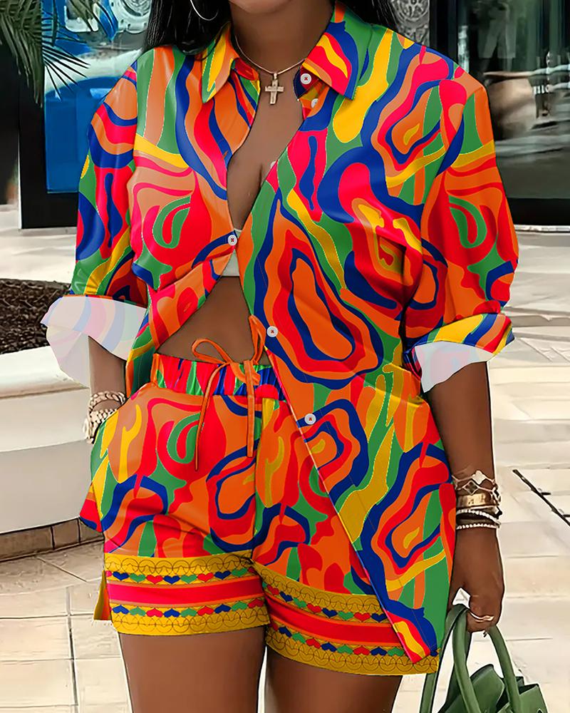 

Plus Size Multi-Color Abstract Print Shirt & Drawstring Shorts Set, Orange